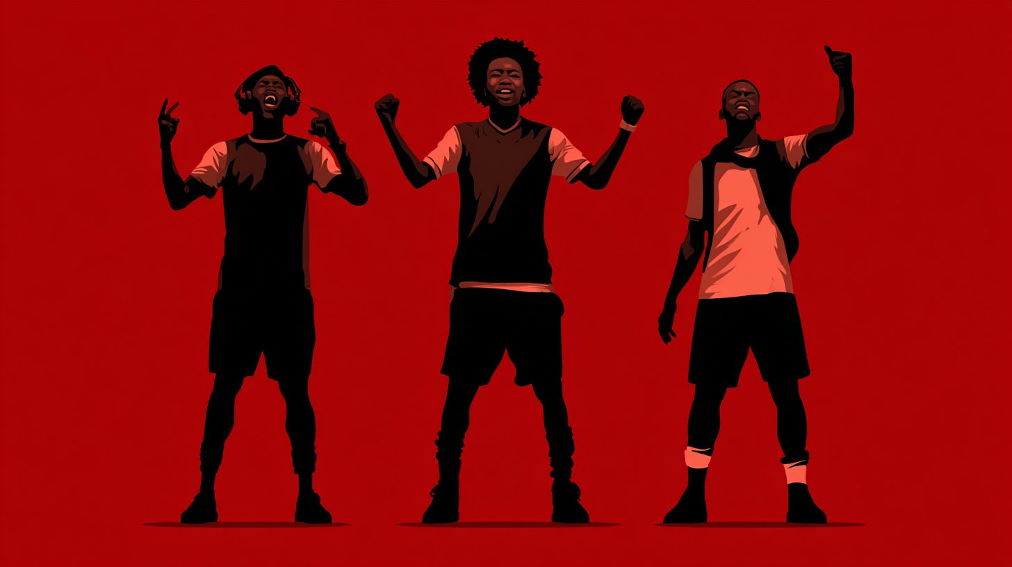 Three silhouetted figures against Arsenal red