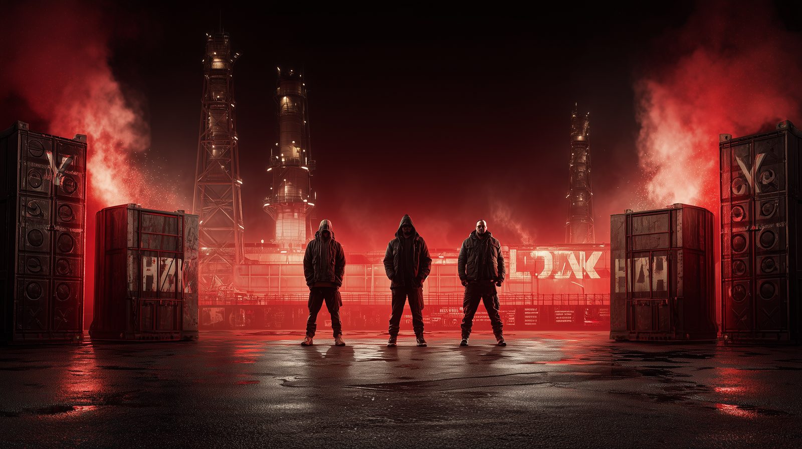 Rogue Canon — hooded silhouettes lit by red flares