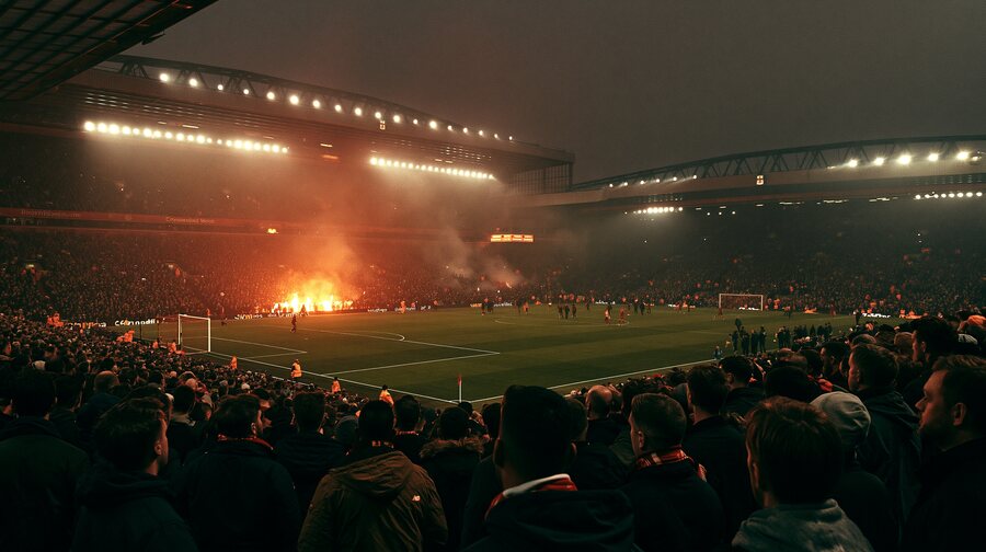 A packed stand under floodlights with flares burning at a night match