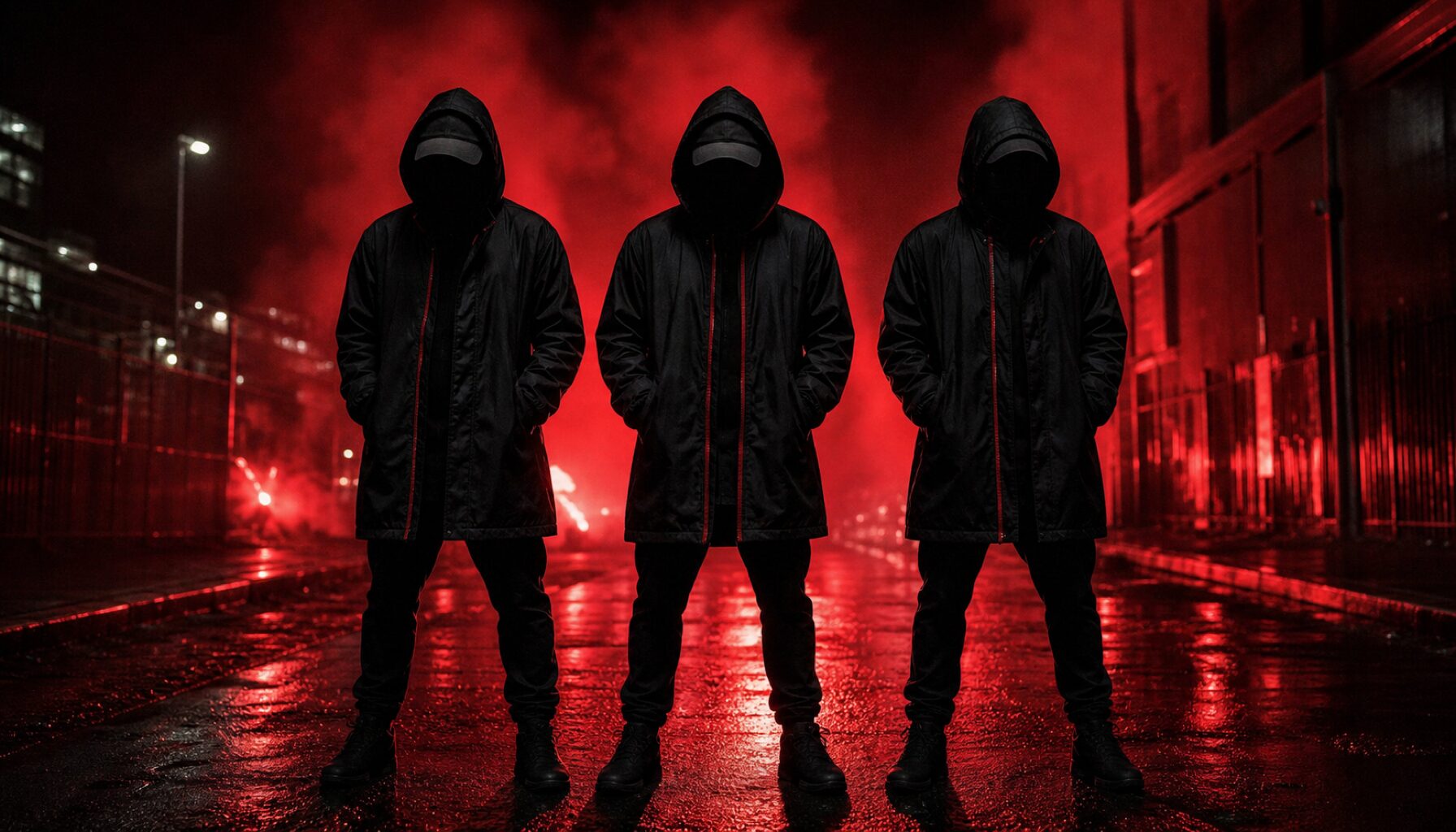 Rogue Canon — hooded silhouettes lit by red flares