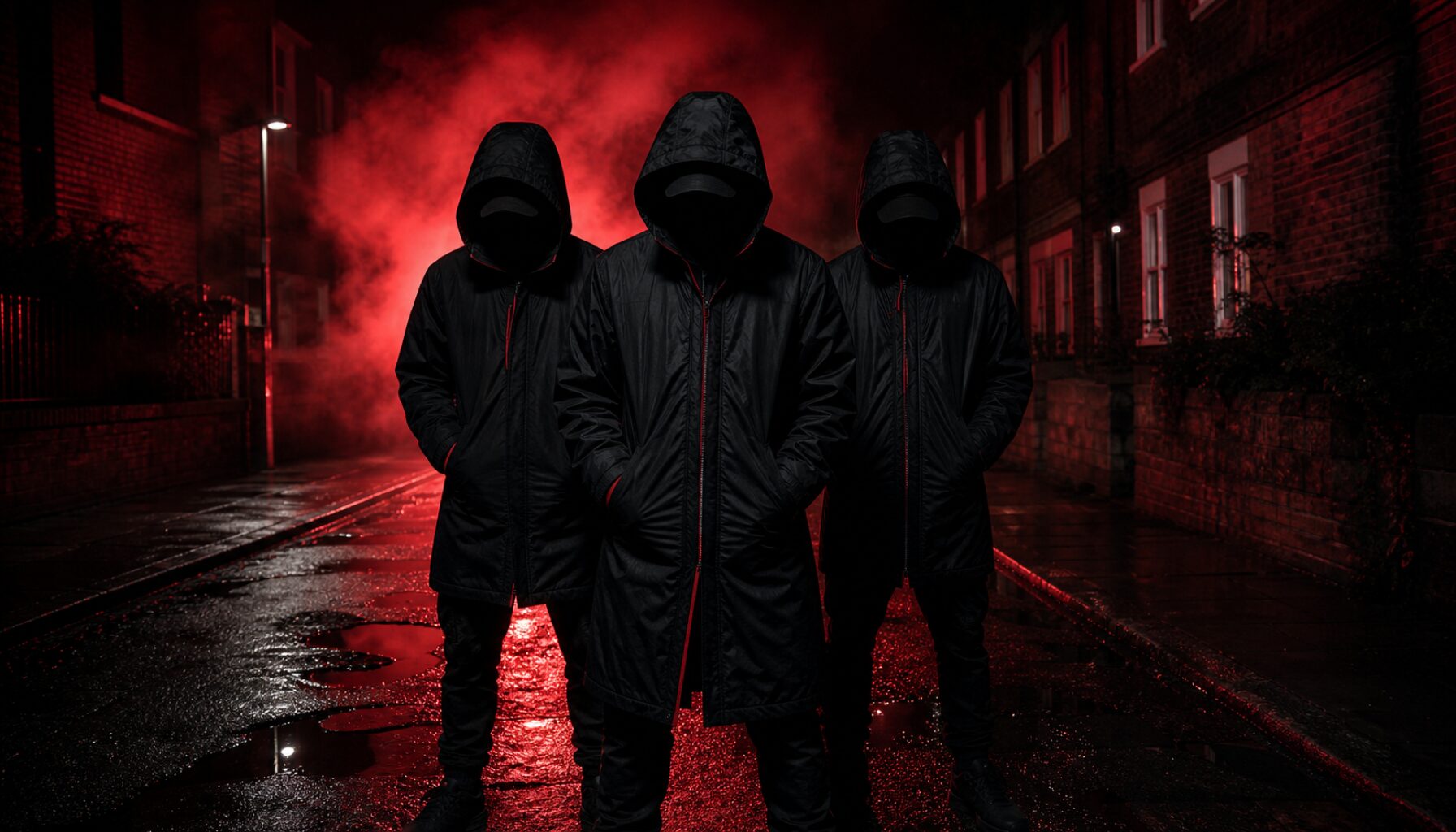Three silhouetted figures against Arsenal red