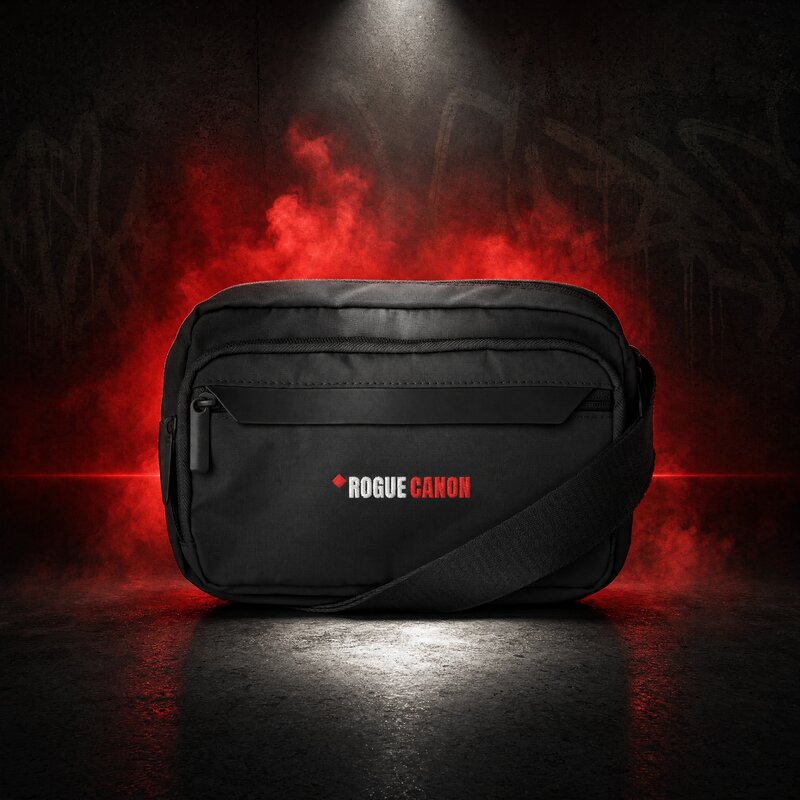 Black Rogue Canon urban crossbody bag with embroidered canon mark
