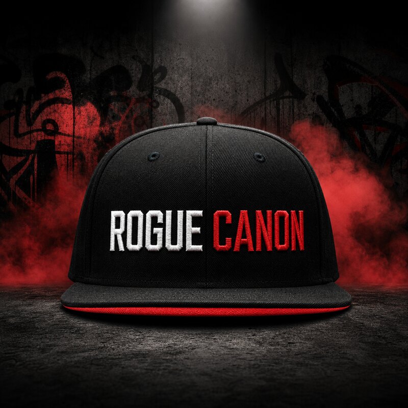 Red and black Rogue Canon flat-peak snapback, worn by a model in a white tee
