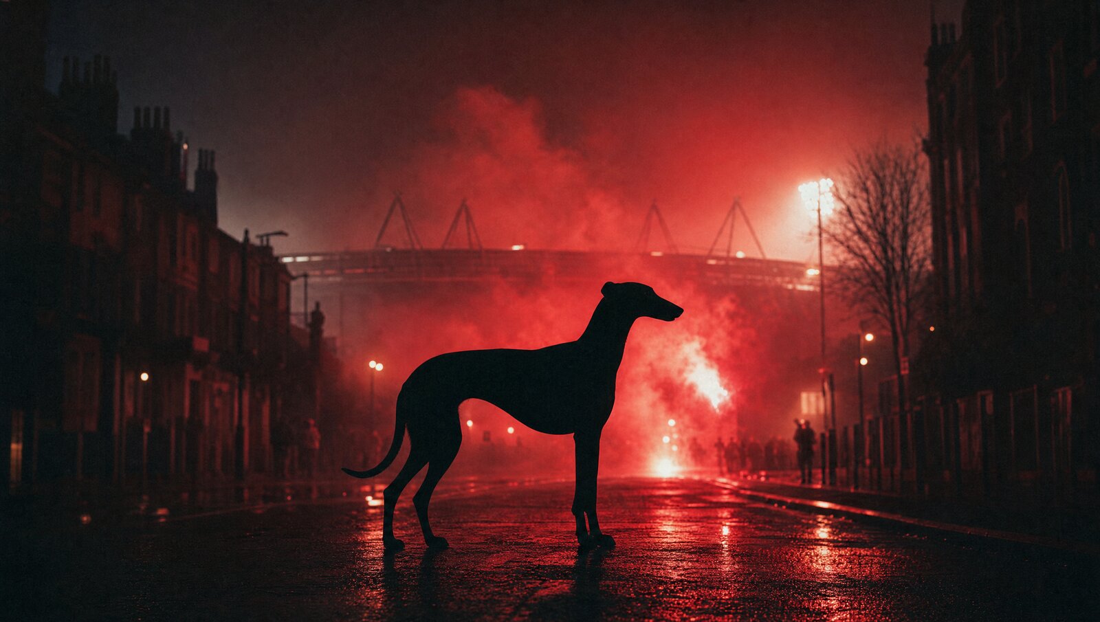 A rescue greyhound in silhouette on a misty North London street at night, lit by red flares